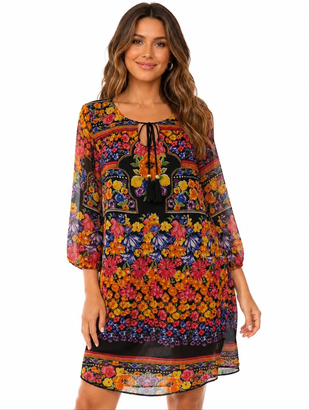 NWT‎ New York & Company Floral Boho Tunic Dress Small Tassel Tie Sheer